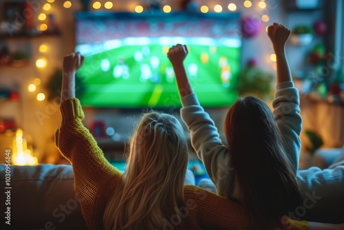 back view, at home two soccer fans on couch watch sport game on TV, online bet, celebrate when team wins championship. Young women cheer eat snacks, watch favorite football club play