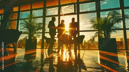 Silhouetted Business People in a Modern Office Space at Sunset