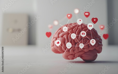 A human brain connected to a network of social media icons, symbolizing the deep psychological impact of constant online interaction and information overload photo