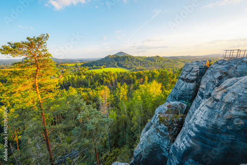 Sunset of rock castle Schauenstein, saunstejn from 14-th century, Bohemian Switzerland, Czech Republic photo