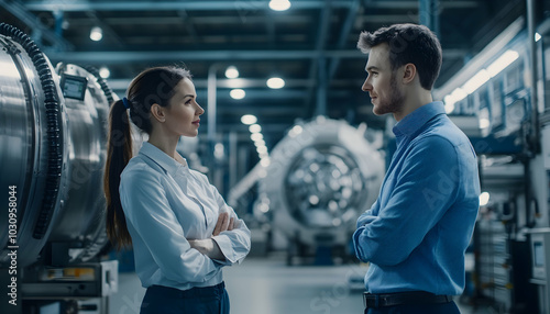 In a modern factory setting, a female project supervisor converses with a male industrial engineer as they inspect machinery and design improvements 