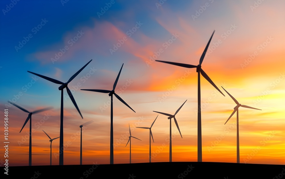 Fototapeta premium A vast wind farm on the horizon at sunset, with turbines silhouetted against the glowing sky