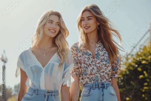 Two confident mature caucasian blonde girlfriends women best friends sisters walking together looking at each other smiling feeling good in sunny summer morning outdoors in the city. Lifestyle concept