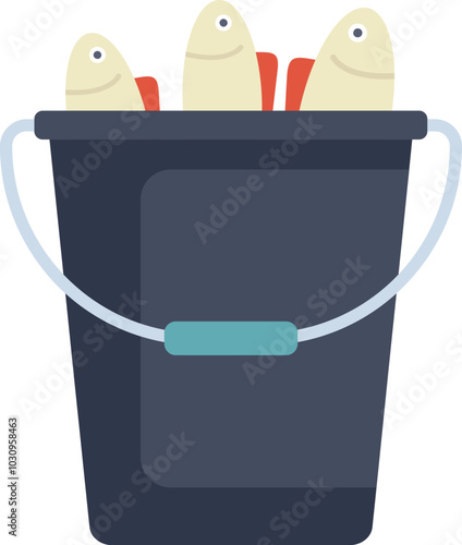 Black bucket filled with freshly caught fish, isolated on white background