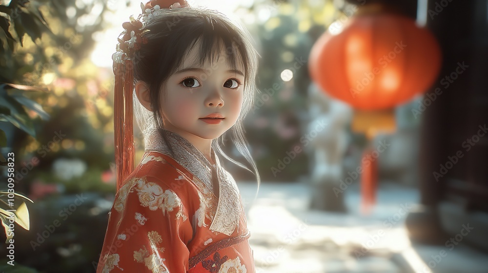 Chinese Little Girl Wearing Traditional Cloth in Garden Chinese Little Girl Wearing Traditional Cloth in Garden