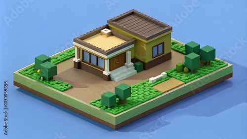 3D rendered low-poly house illustration, cheerful mood, surrounded by garden and trees