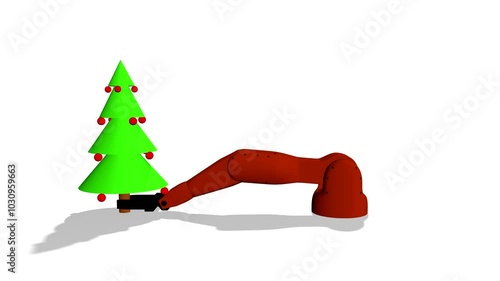 A robotic arm grabbing a Christmas tree, turining around and setting it down