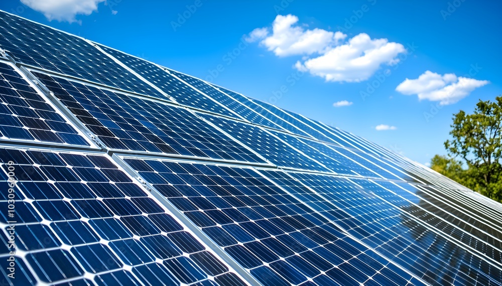 Solar panels stretching into the horizon, under an endless blue sky, representing the vast potential of solar energy in addressing global power needs Solar panels stretching into the horizon, under an endless blue sky, representing the vast potential of solar energy in addressing global power needs