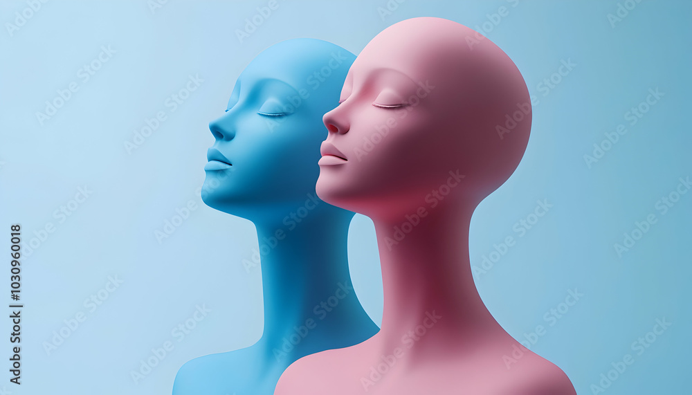 Minimalistic Blue and Pink Portrait of Mannequins, Surreal Fashion Concept Minimalistic Blue and Pink Portrait of Mannequins, Surreal Fashion Concept