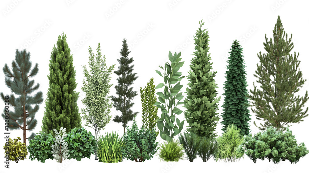 Obraz premium Lush Greenery Display Featuring Various Plants and Trees for Landscaping and Gardening Inspiration