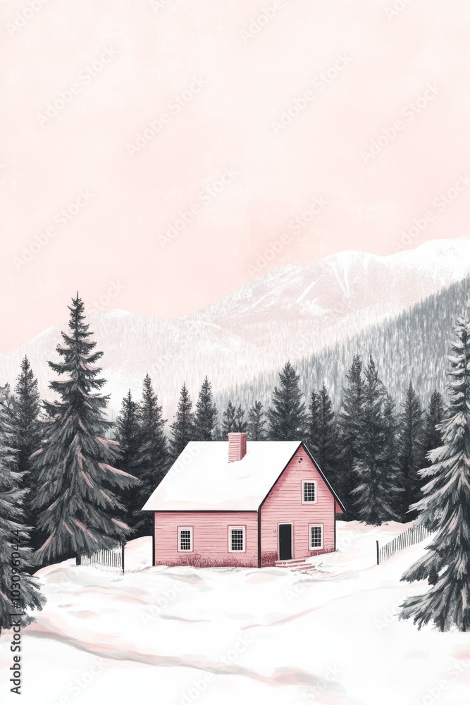 Cozy pink house nestled in snowy forest landscape, creating a serene winter atmosphere. Cozy pink house nestled in snowy forest landscape, creating a serene winter atmosphere.