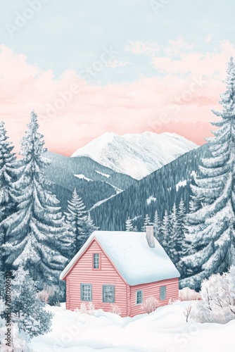 Charming pink cabin nestled in snowy mountains under a pastel sky.