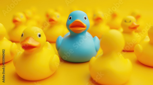 Unique Blue Rubber Duck Standing Out in a Sea of Yellow Ducks - Symbolizing Individuality, Leadership, and Diversity