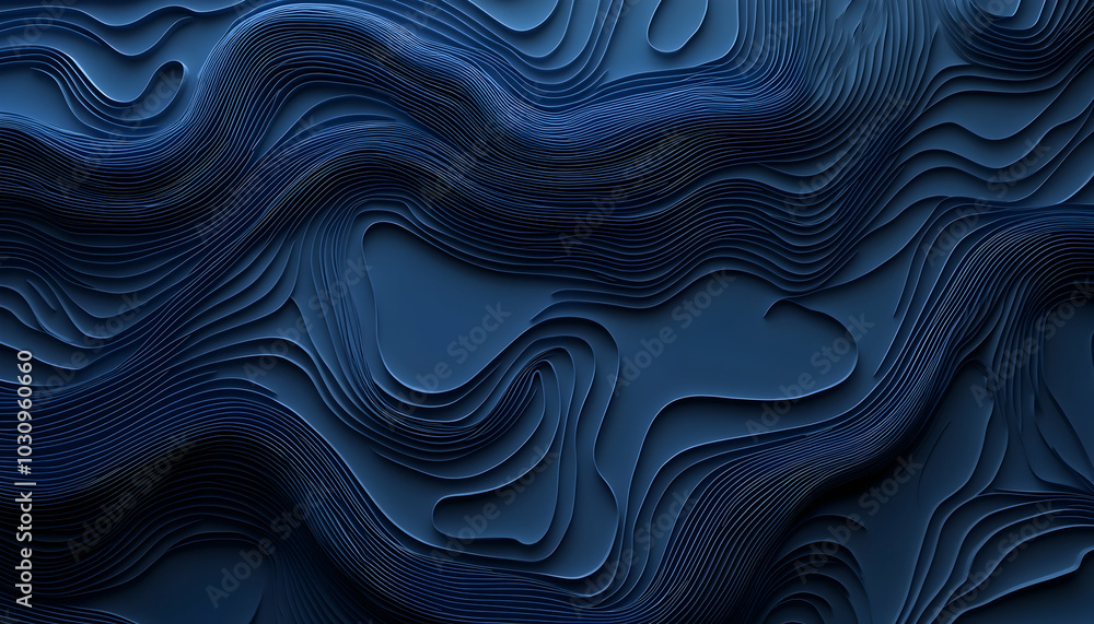 Navy Blue Topographic Map, Wavy Lines Creating a Modern Cartographic Illustration Navy Blue Topographic Map, Wavy Lines Creating a Modern Cartographic Illustration