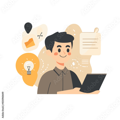 Collaborative illustration of a person engaged with a tablet in a creative environment
