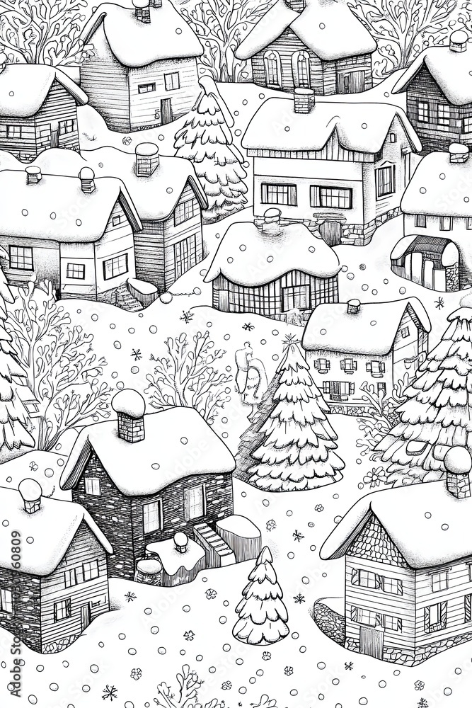 Fototapeta premium A cozy winter village coloring book page featuring snow-covered homes and festive trees for holiday fun