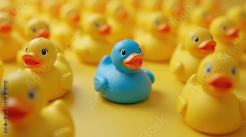 Unique Blue Rubber Duck Standing Out in a Sea of Yellow Ducks - Symbolizing Individuality, Leadership, and Diversity