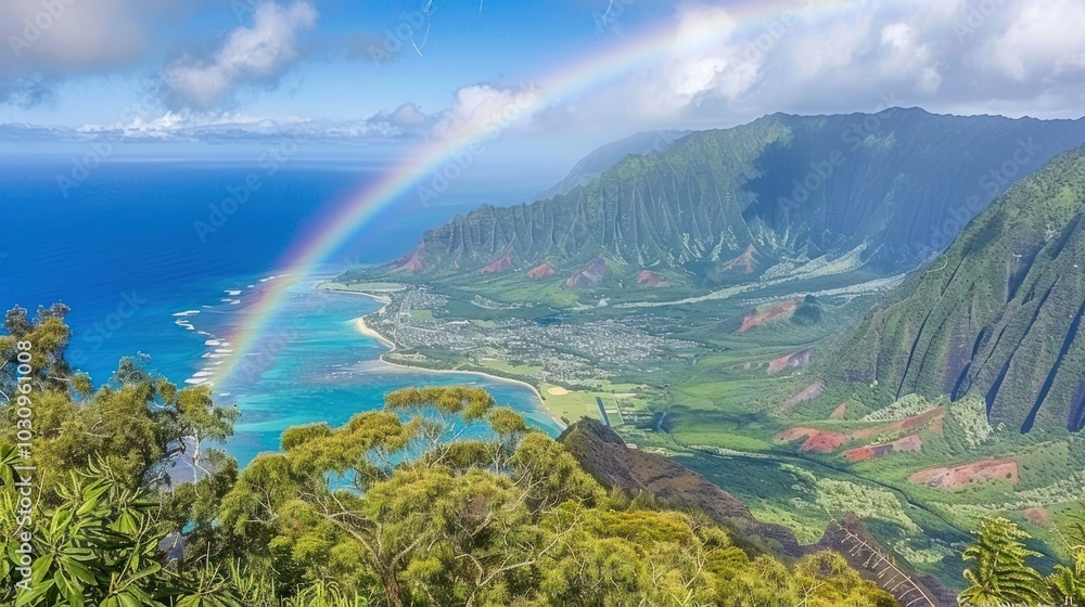 Rainbow Arcing Over a Lush Coastal Landscape in Hawaii Rainbow Arcing Over a Lush Coastal Landscape in Hawaii