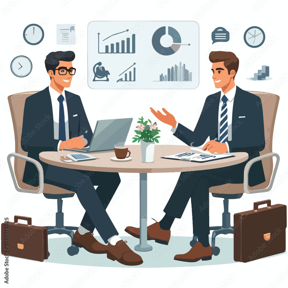 Partners meeting for business discussion with documents and laptop on desk. Couple at round table, speaking, discussing work, partnership. Flat vector illustration isolated on white background
Partners meeting for business discussion with documents and laptop on desk. Couple at round table, speaking, discussing work, partnership. Flat vector illustration isolated on white background