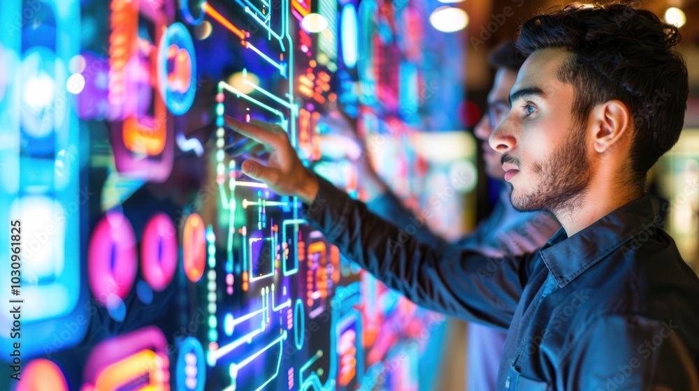 Man Interacting with a Colorful Digital Interface Man Interacting with a Colorful Digital Interface