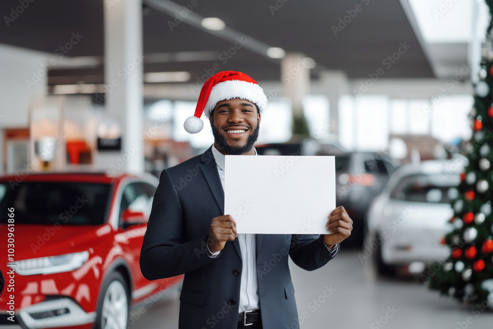 African American man in business suit and Santa hat holding blank white sign mockup against background of car dealership decorated for Christmas African American man in business suit and Santa hat holding blank white sign mockup against background of car dealership decorated for Christmas