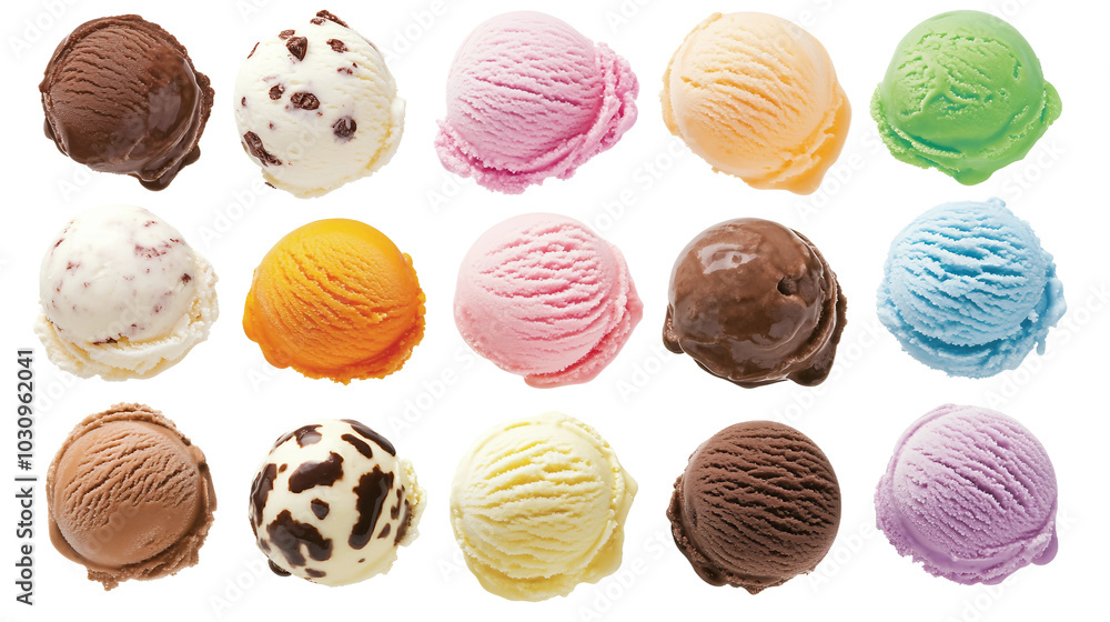 Delicious Variety of Ice Cream Scoops in Different Flavors and Colors for Summer Treats Delicious Variety of Ice Cream Scoops in Different Flavors and Colors for Summer Treats
