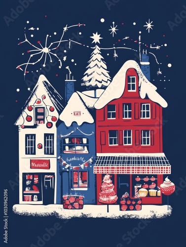 Wallpaper Mural Charming winter village with red and blue houses, decorated for the holidays. Torontodigital.ca