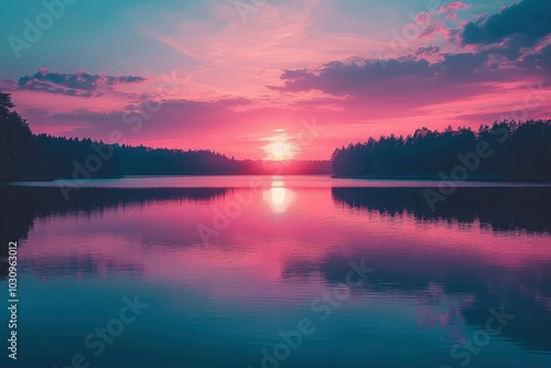 A Pink Sunset Reflecting on a Still Lake with a Silhouetted Forest in the Distance