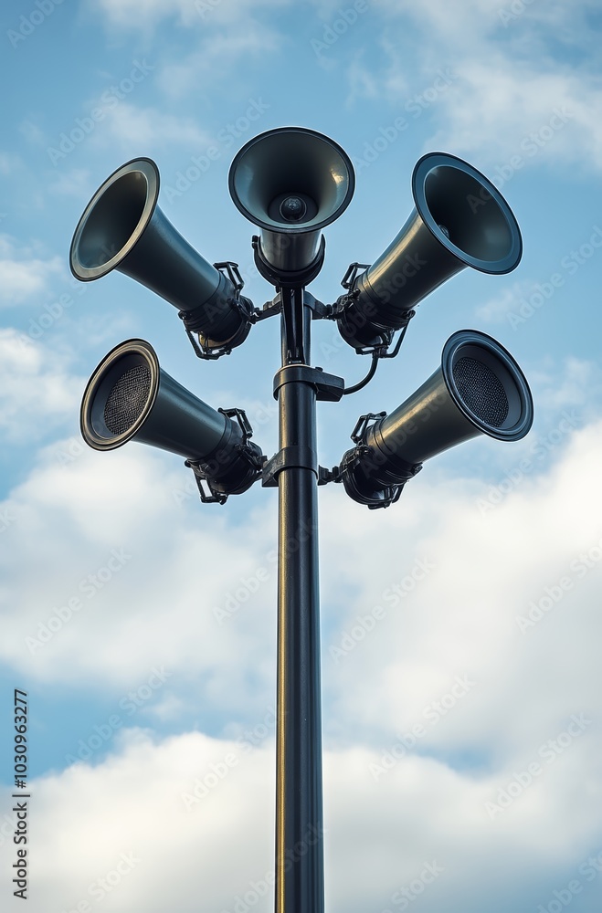 Five black loudspeakers mounted on a tall pole against a blue sky with clouds. Five black loudspeakers mounted on a tall pole against a blue sky with clouds.