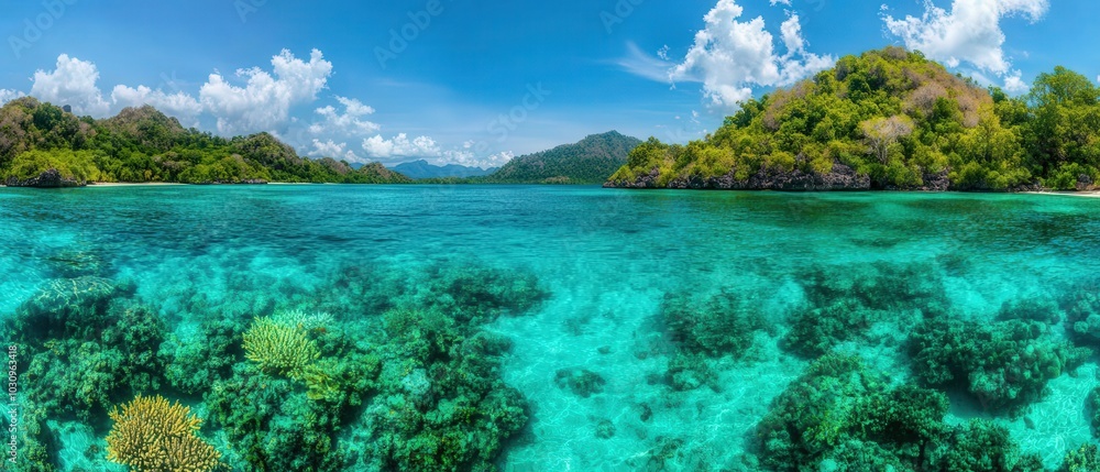 A stunning panoramic view of clear turquoise waters, vibrant coral reefs, and lush green islands under a bright blue sky. A stunning panoramic view of clear turquoise waters, vibrant coral reefs, and lush green islands under a bright blue sky.