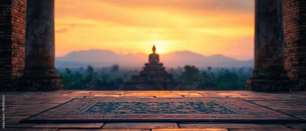 Fototapeta premium A serene sunset view featuring a Buddha statue framed by ancient pillars, with mountains in the background adding tranquility to the scene.