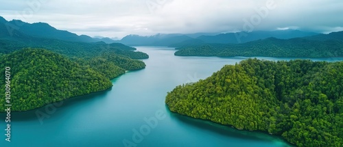 Aerial view of lush green islands surrounded by calm blue waters, framed by distant mountains under a cloudy sky.