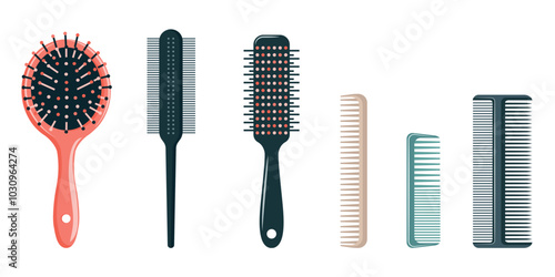 Set of hair combs and brushes. Professional hairdresser tools. Vector isolated on white background.