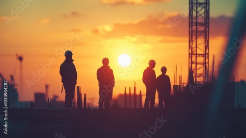 Silhouette of engineer and construction team working at site over blurred background sunset pastel for industry background with Light fair.