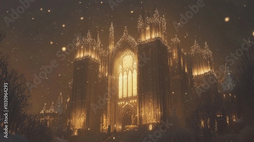 Enchanting Winter Evening at Gothic Castle - Ultra-Detailed 3D Render Illustration with Festive Lights and Snowfall