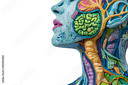 A colorful anatomical representation of the human head showcasing intricate brain and nerve structures. photo