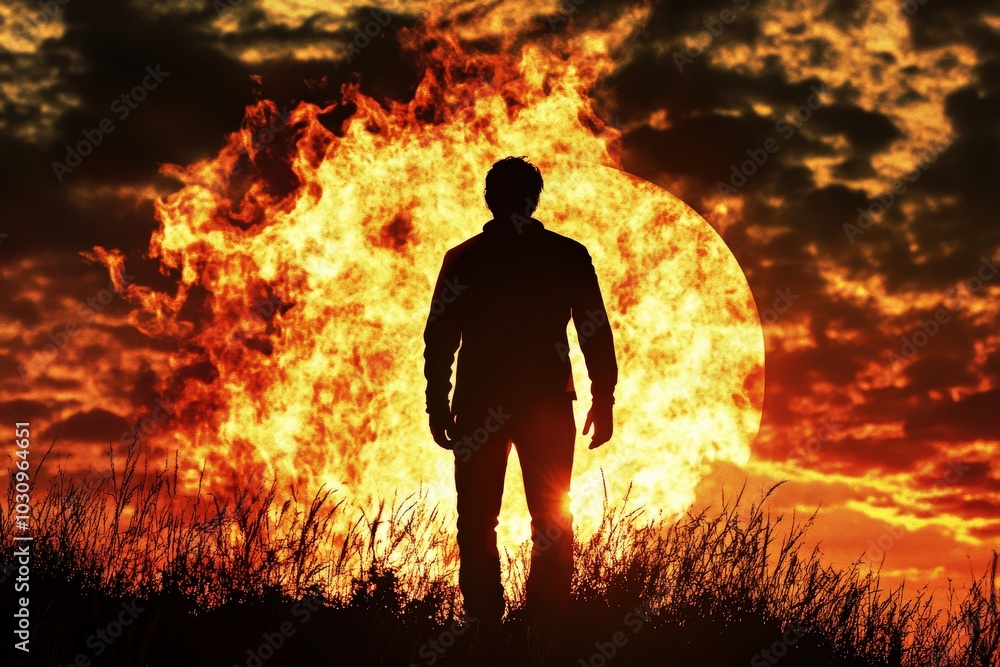 Fototapeta premium Fahrenheit: Man Silhouette Embracing Flames Against Sunset Sky