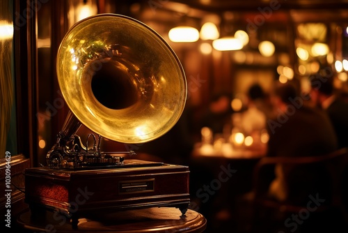 Vintage brass gramophone in an elegant, dimly lit restaurant setting.