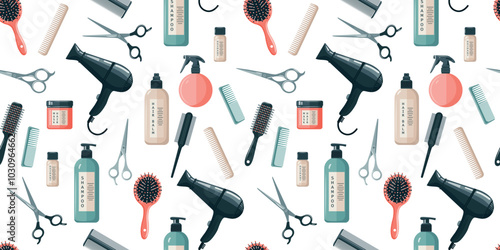Seamless pattern with different hairdresser tools. Shampoo, hair dryer, combs and scissors. Vector on white background.