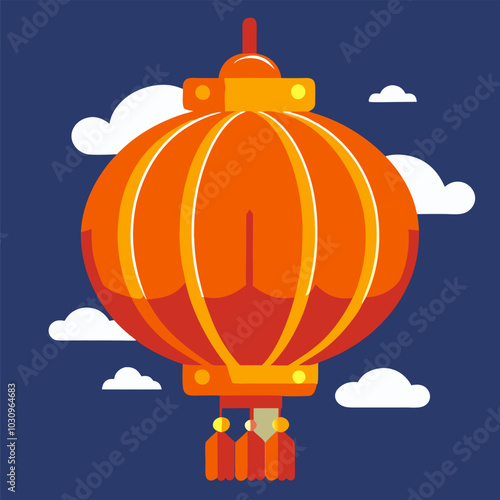 Beautiful paper lantern with an oriental pattern floating in the sky on a dark blue background. Asian culture element or traditional symbol of asia