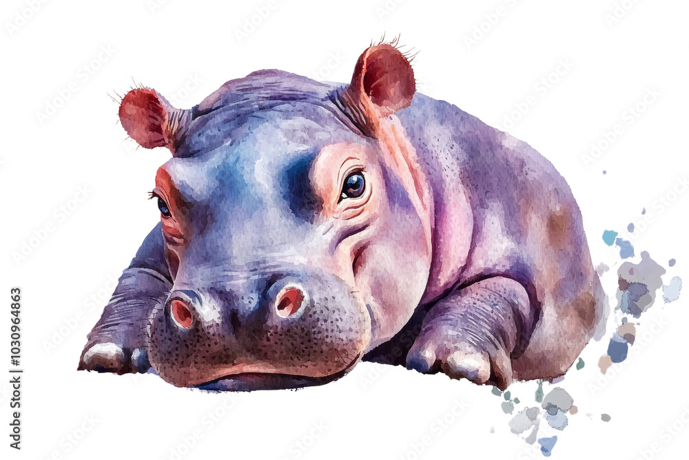 Fototapeta premium A cute hippo lounging peacefully, showcasing its smooth skin and playful features against a white isolated background.