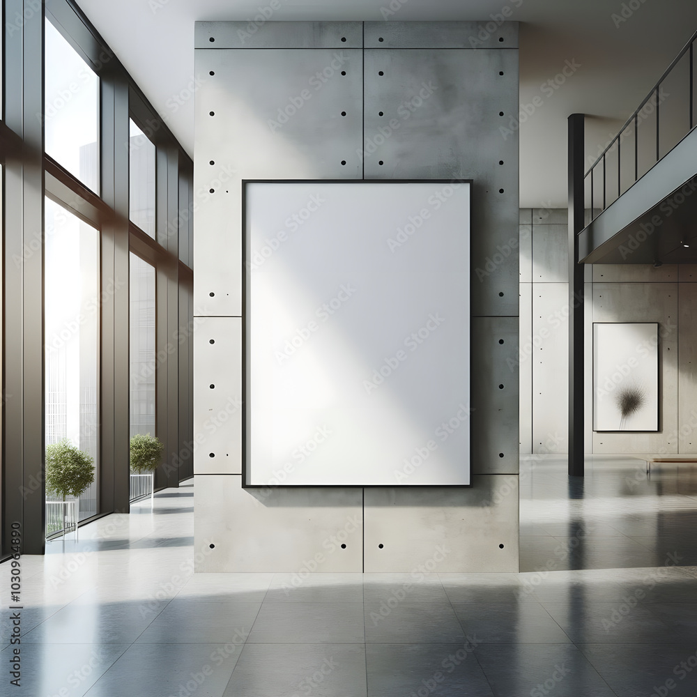 A blank poster frame mounted on a concrete wall in a contemporary office setting, illuminated by natural light streaming through windows, representing potential advertising space A blank poster frame mounted on a concrete wall in a contemporary office setting, illuminated by natural light streaming through windows, representing potential advertising space