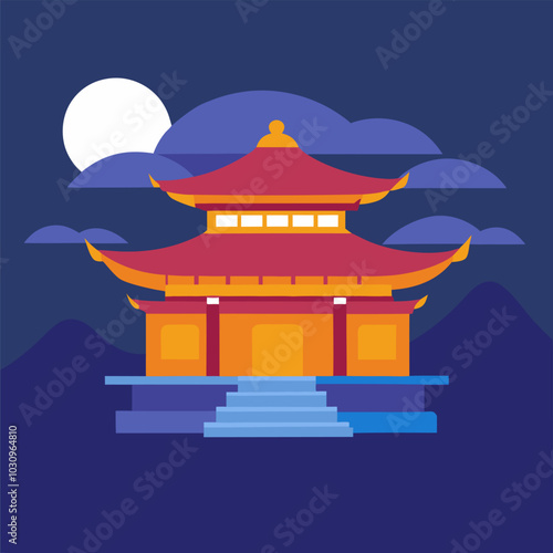 Traditional asian temple at night with the full moon shining in a cloudy sky, an illustration about asian culture and architecture. Asian culture element or traditional symbol of asia