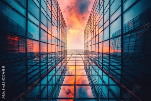 Glass Facade of a Modern Building Reflecting a Sunset Sky