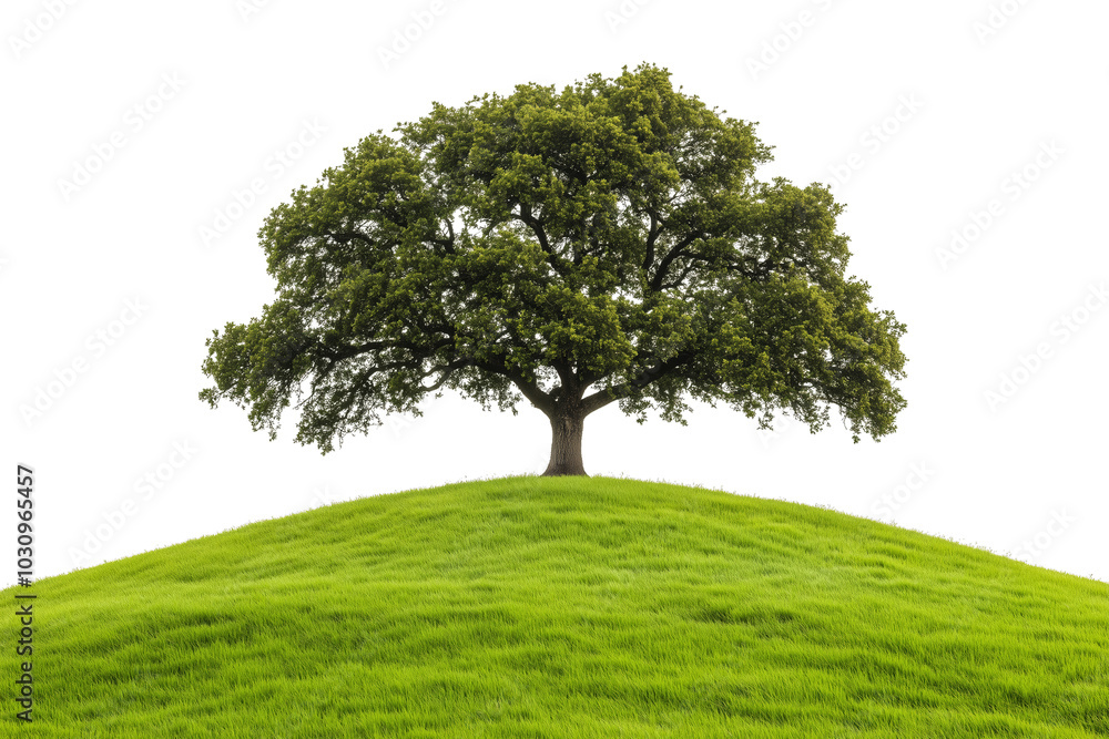 PNG cut out isolated background. A vibrant and lush tree stands proudly atop a small grassy hill, bathed in natural sunlight. PNG cut out isolated background. A vibrant and lush tree stands proudly atop a small grassy hill, bathed in natural sunlight.