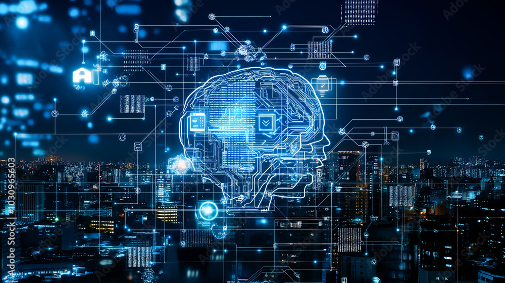 A futuristic digital representation of artificial intelligence over a cityscape, showcasing technology and innovation. A futuristic digital representation of artificial intelligence over a cityscape, showcasing technology and innovation.