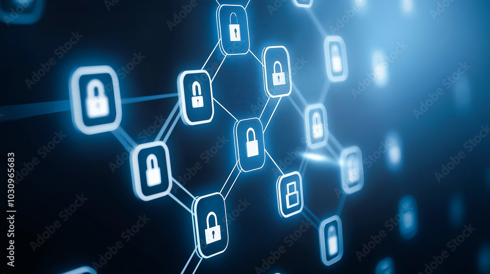 Fototapeta premium Close-up of digital locks connected in a network, symbolizing data security and encryption in modern technology.