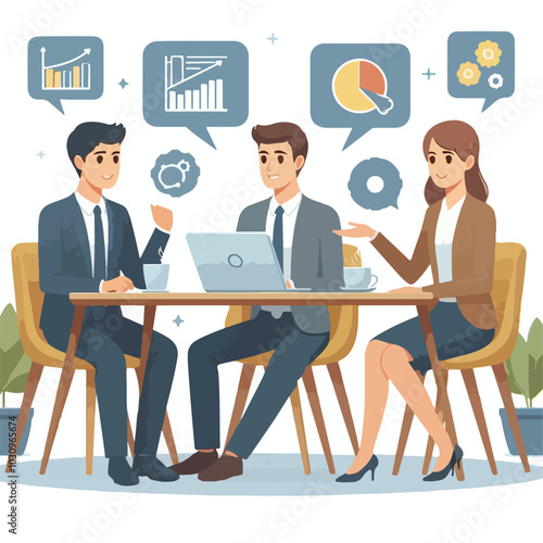 Partners meeting for business discussion with documents and laptop on desk. Couple at round table, speaking, discussing work, partnership. Flat vector illustration isolated on white background 