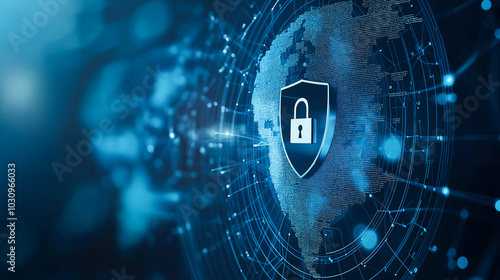 Digital security concept depicting a shield and lock symbol protecting global data from cyber threats.