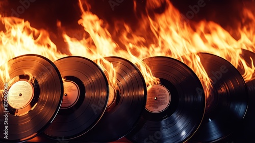 Vinyl records ablaze, creating a striking visual of music and flames.